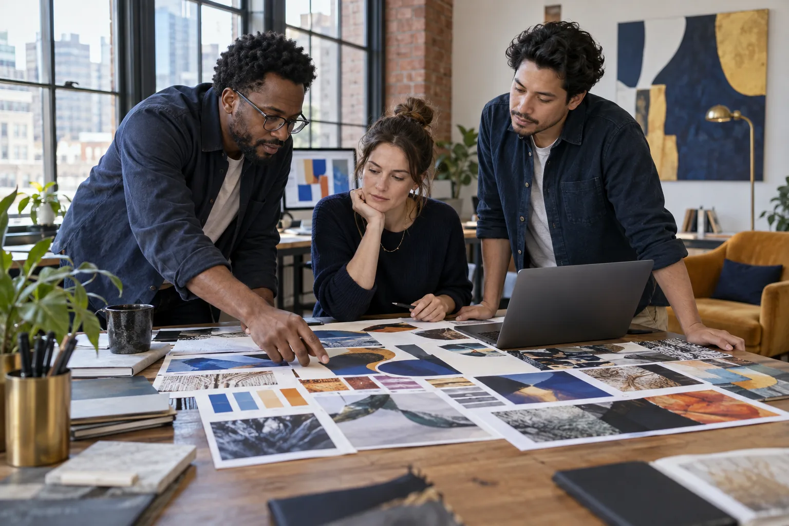 Three agency colleagues reviewing color concepts and a laptop in a creative studio.