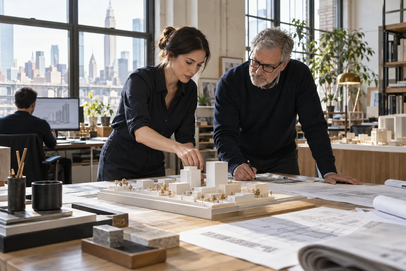 Architects discussing a physical building model and plans in a daylight studio.