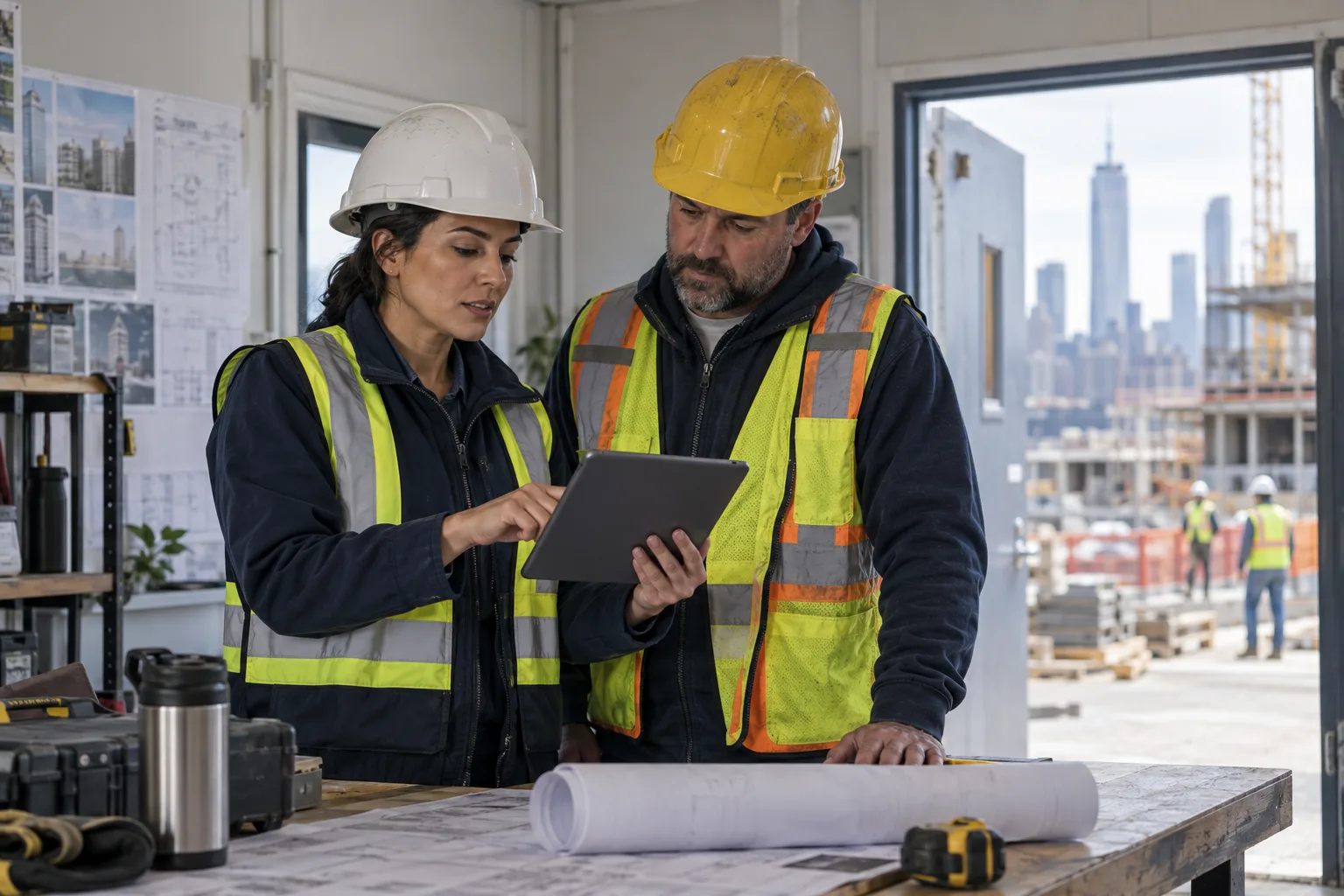 Two construction professionals in safety equipment reviewing a tablet in a site planning office.