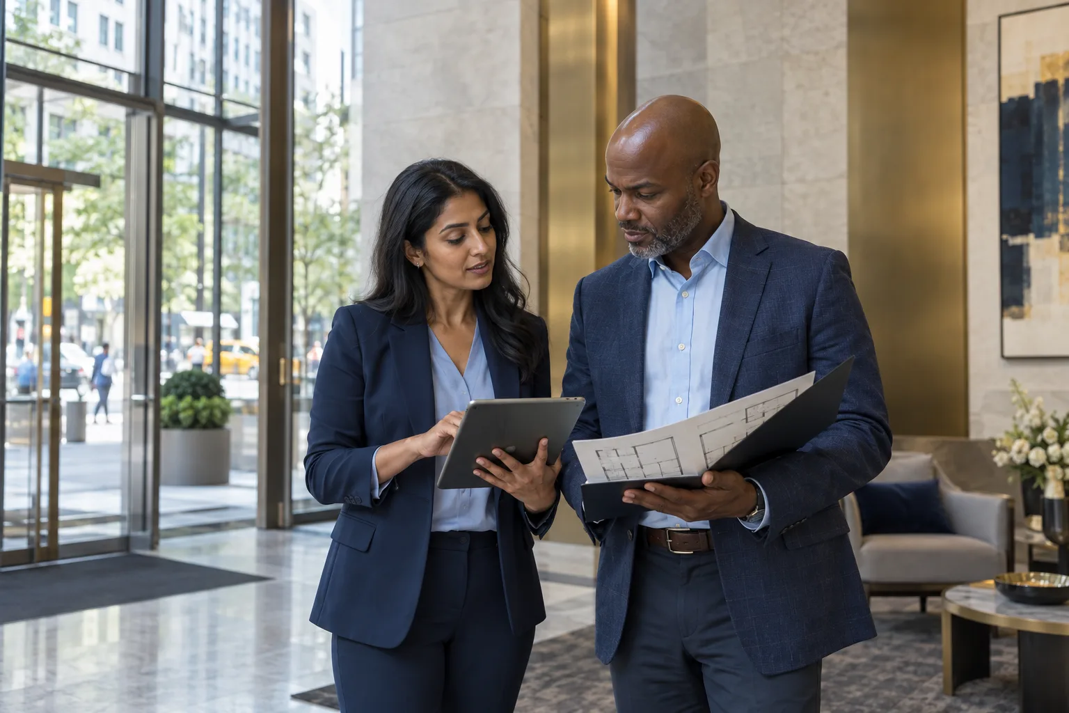 Two real estate professionals discussing a tablet and floor plan in a modern property lobby.